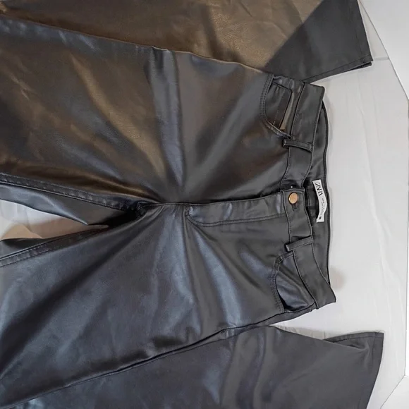 Zara Black Faux Leather Pants High Waist Slim Leg Size 2 - Picture 3 of 8